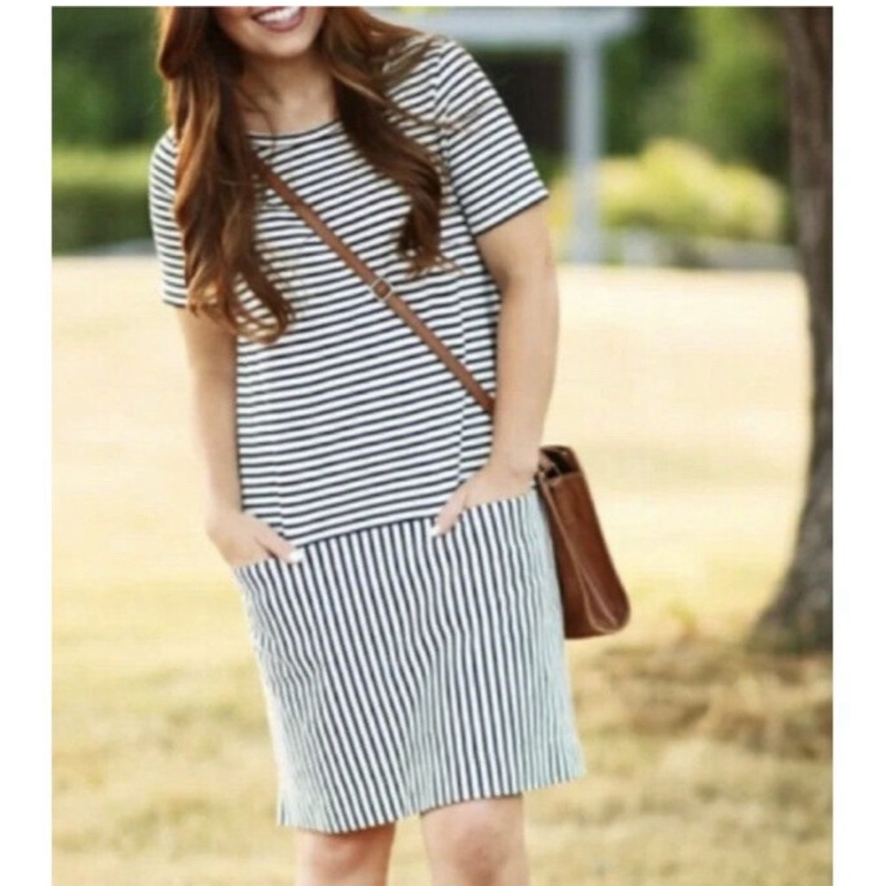 Madewell Navy Blue/White Striped Dockside Nautical Shift Dress Size Large